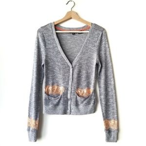 Miss Me Lace Trim Button Up Knit Sweater Cardigan